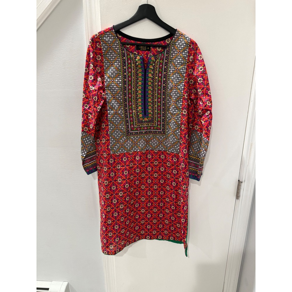 Chinyere Prints Embroidered Kurti Tunic Red Floral Geometric Beaded Top‎ Medium